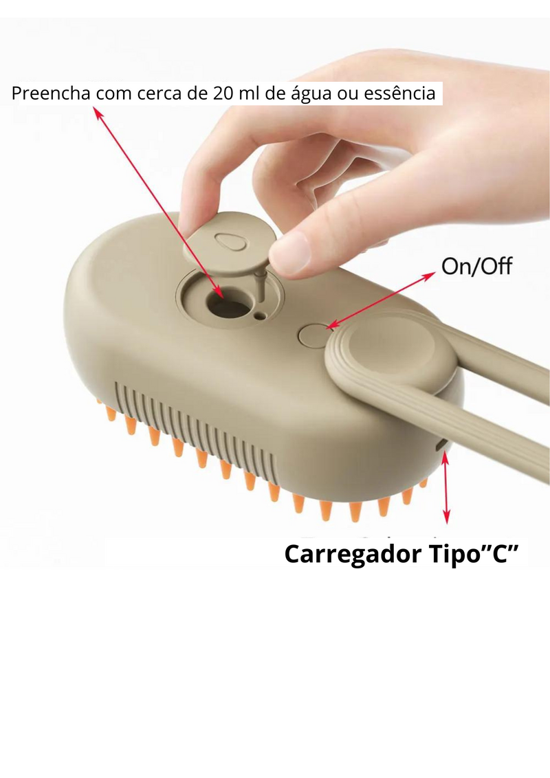 Massager brush - Escova recarregável, à vapor para pentear e massagear os pelos do seu PET, 3 em 1, Spray elétrico auto limpante
